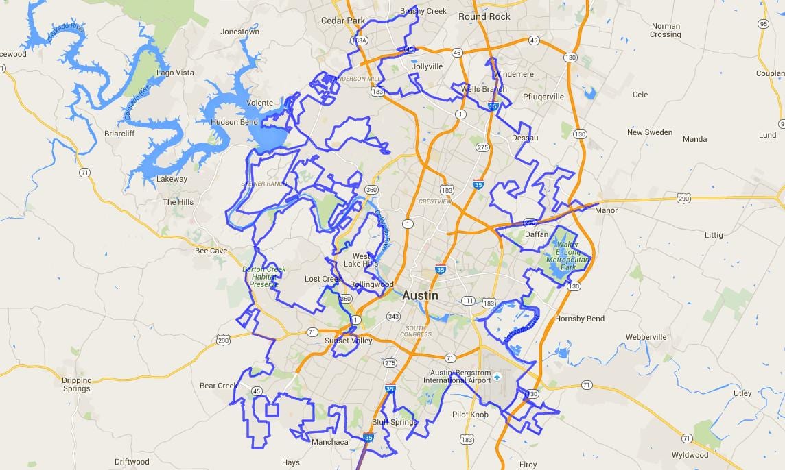 kaart Austin city limits