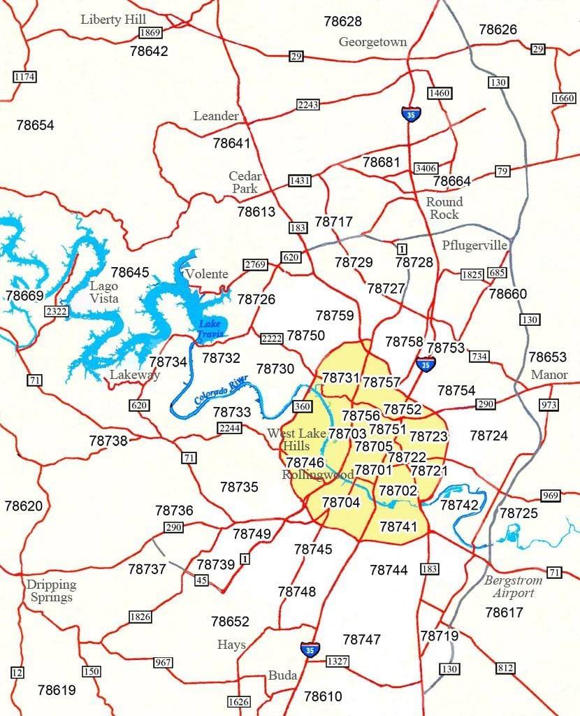 zip code kaart Austin Tx
