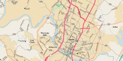 Kaart Austin texas ja seda ümbritsevate piirkondade